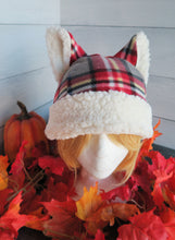 Load image into Gallery viewer, Gray-Red Plaid Cat Fleece Hat - Sherpa Hat

