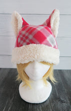 Load image into Gallery viewer, Red Tartan Christmas Cat Fleece Hat - Sherpa Hat
