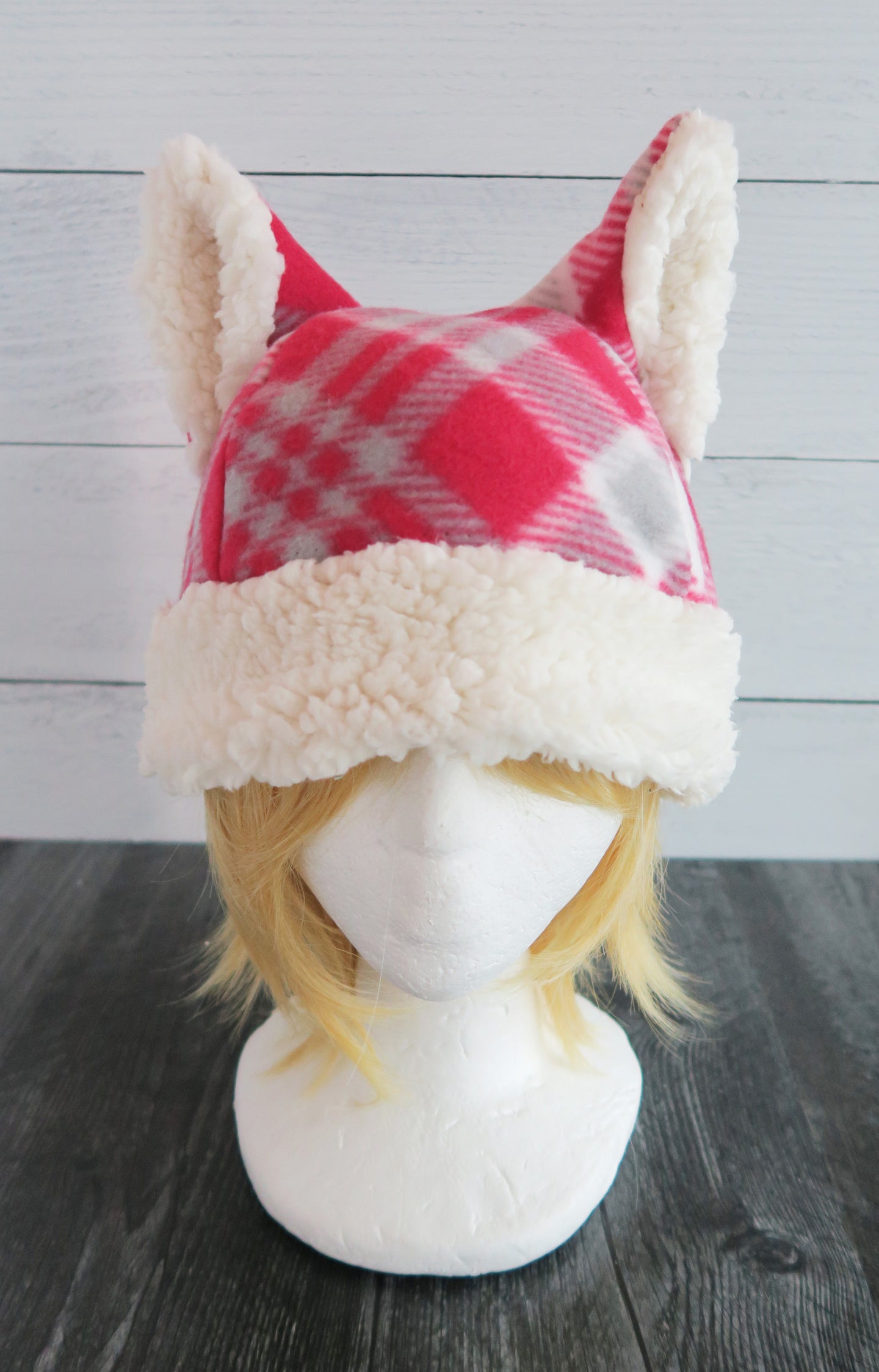 Red Tartan Christmas Cat Fleece Hat - Sherpa Hat