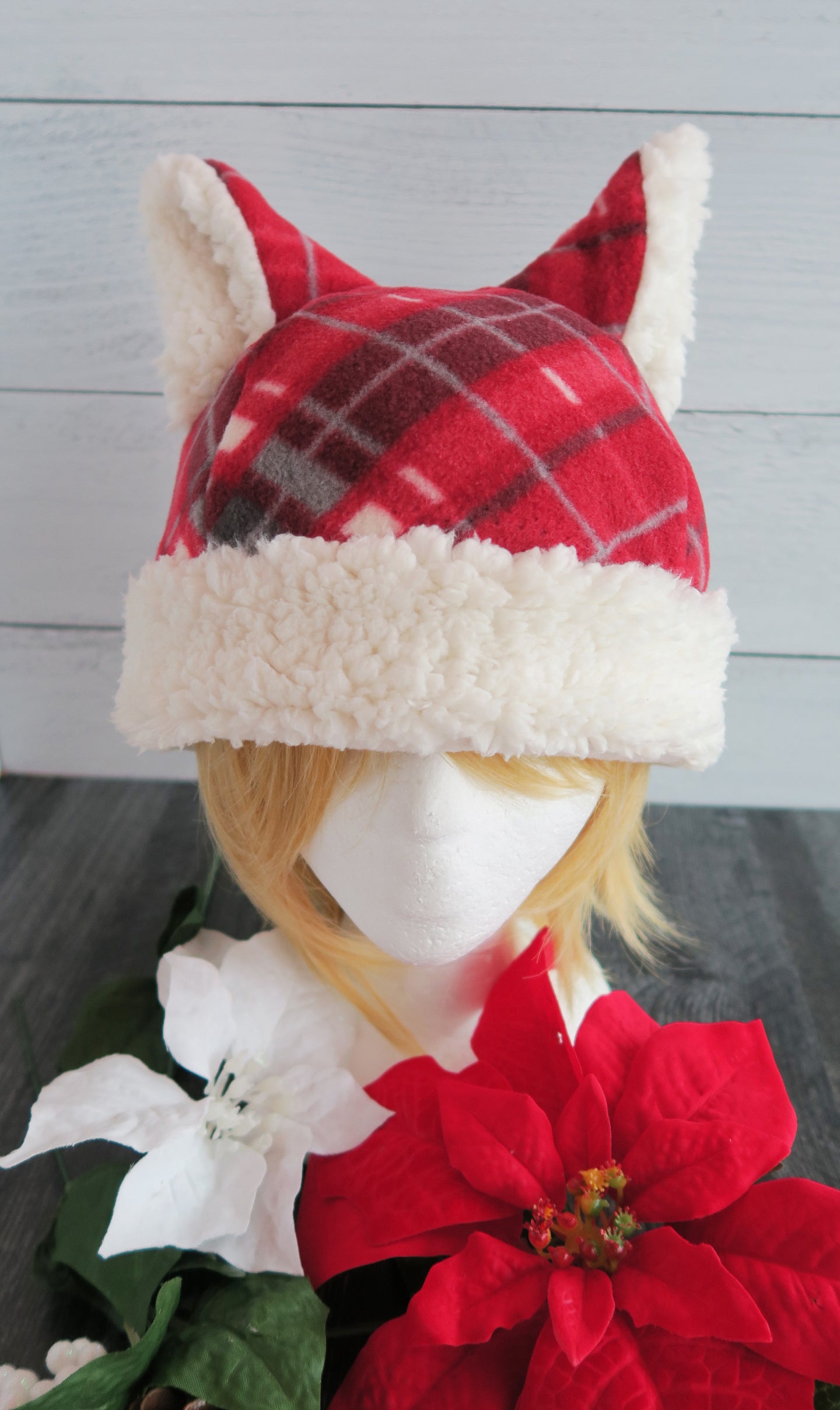 Red Traditional Plaid Christmas Cat Fleece Hat - Sherpa Hat