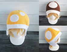 Load image into Gallery viewer, SALE on Brown and Mango Mushroom Fleece Hat - Ready to Ship Halloween Costume
