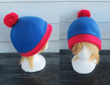 Load image into Gallery viewer, Blue and Red PomPom Fleece Hat
