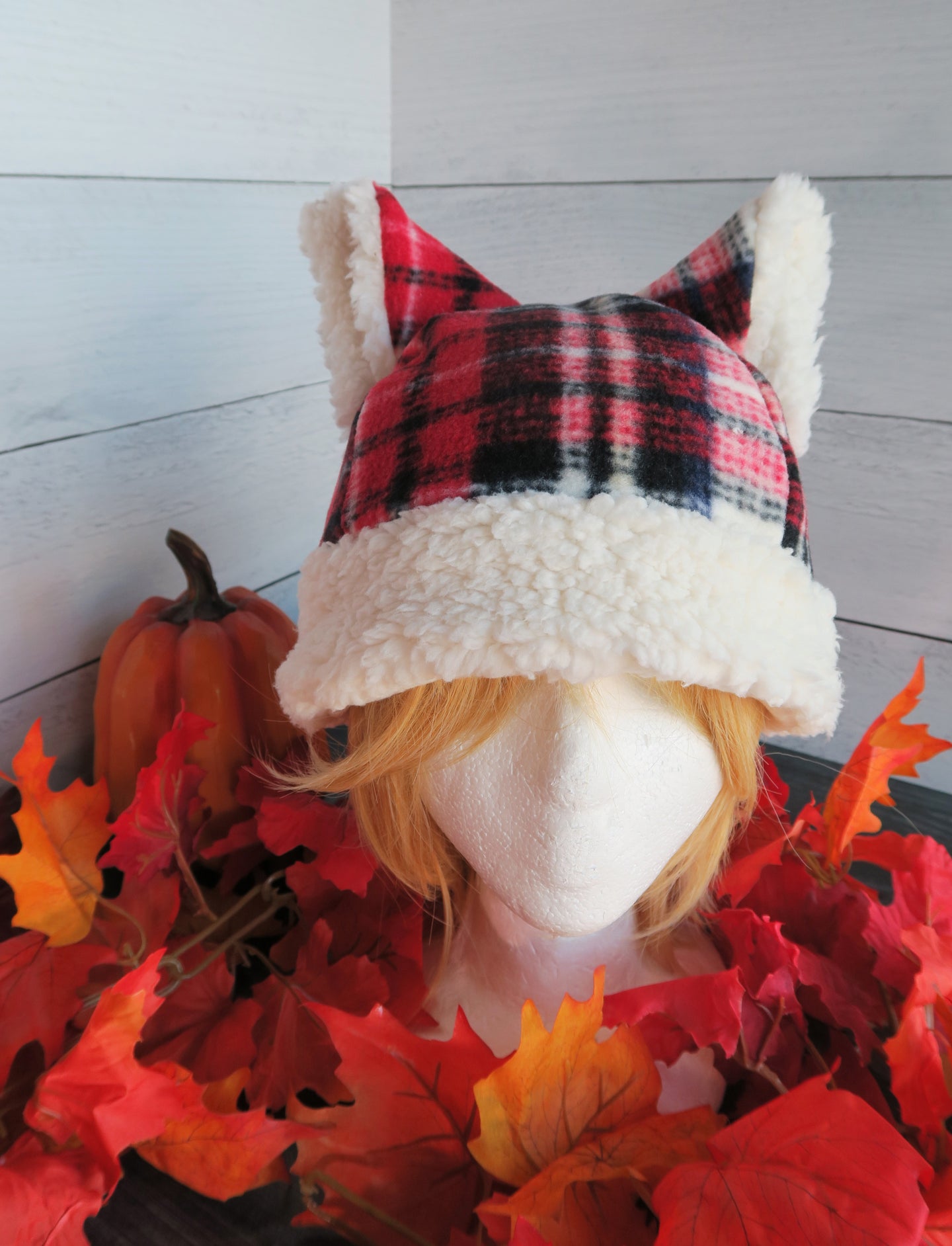 Red Traditional Plaid Cat Fleece Hat - Sherpa Hat