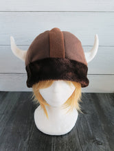 Load image into Gallery viewer, Brown Bear Fur Vikings Helmet Fleece Hat
